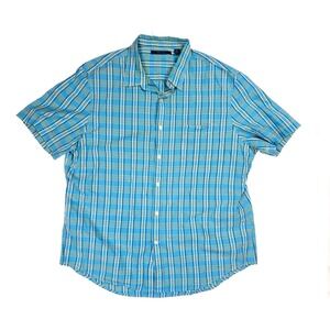 Perry Ellis Blue Green Check Button Short Sleeve Cotton Shirt‎ Men's Size 2XL